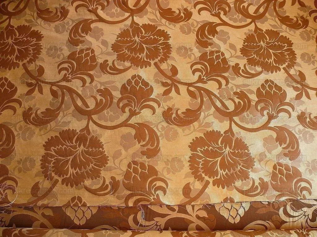 100% Silk Lampas Carnation Crewel "cognac" Brown Gold Reversible Layered