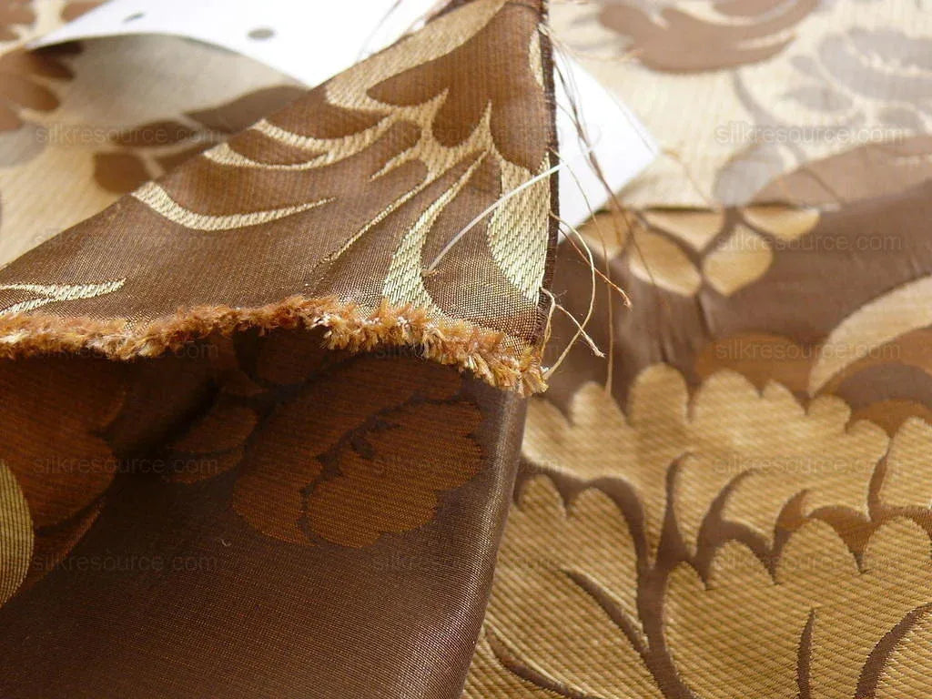100% Silk Lampas Carnation Crewel "cognac" Brown Gold Reversible Layered