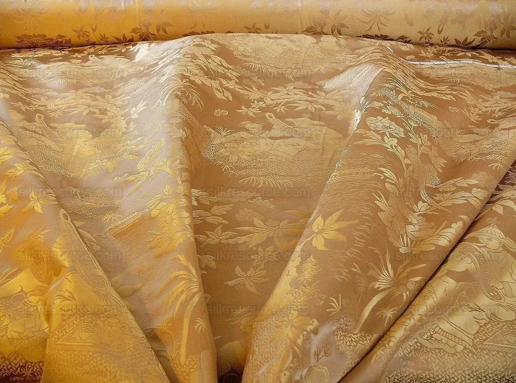 Bty 100% Silk Damask Chinoiserie Music Garden "sunkissed" Gold