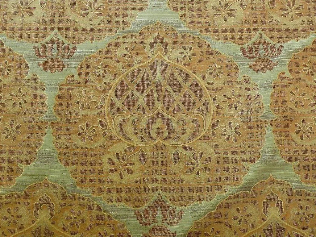 by yard 100% Silk Lampas Aged Metal Large Medallion "cognac" Brown Gold MSRP USD 328/yard