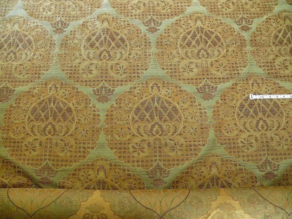 by yard 100% Silk Lampas Aged Metal Large Medallion "cognac" Brown Gold MSRP USD 328/yard