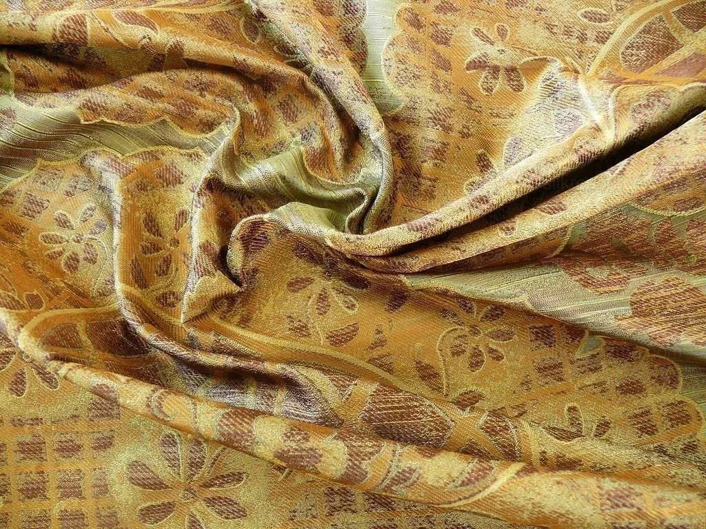 by yard 100% Silk Lampas Aged Metal Large Medallion "cognac" Brown Gold MSRP USD 328/yard