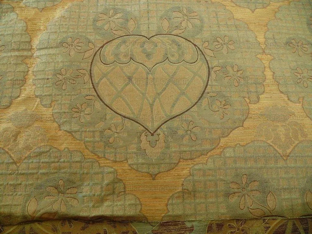 100% Silk Lampas Aged Metal Large Medallion "cognac" Brown Gold Green MSRP USD 328/yard