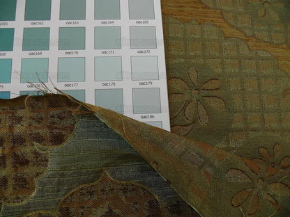 100% Silk Lampas Aged Metal Large Medallion "cognac" Brown Gold Green MSRP USD 328/yard