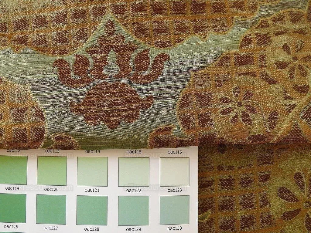 100% Silk Lampas Aged Metal Large Medallion "cognac" Brown Gold Green MSRP USD 328/yard