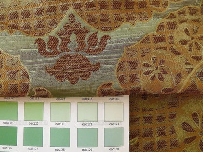 100% Silk Lampas Aged Metal Large Medallion "cognac" Brown Gold Green MSRP USD 328/yard