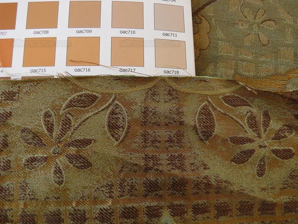 100% Silk Lampas Aged Metal Large Medallion "cognac" Brown Gold Green MSRP USD 328/yard