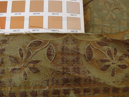 100% Silk Lampas Aged Metal Large Medallion "cognac" Brown Gold Green MSRP USD 328/yard
