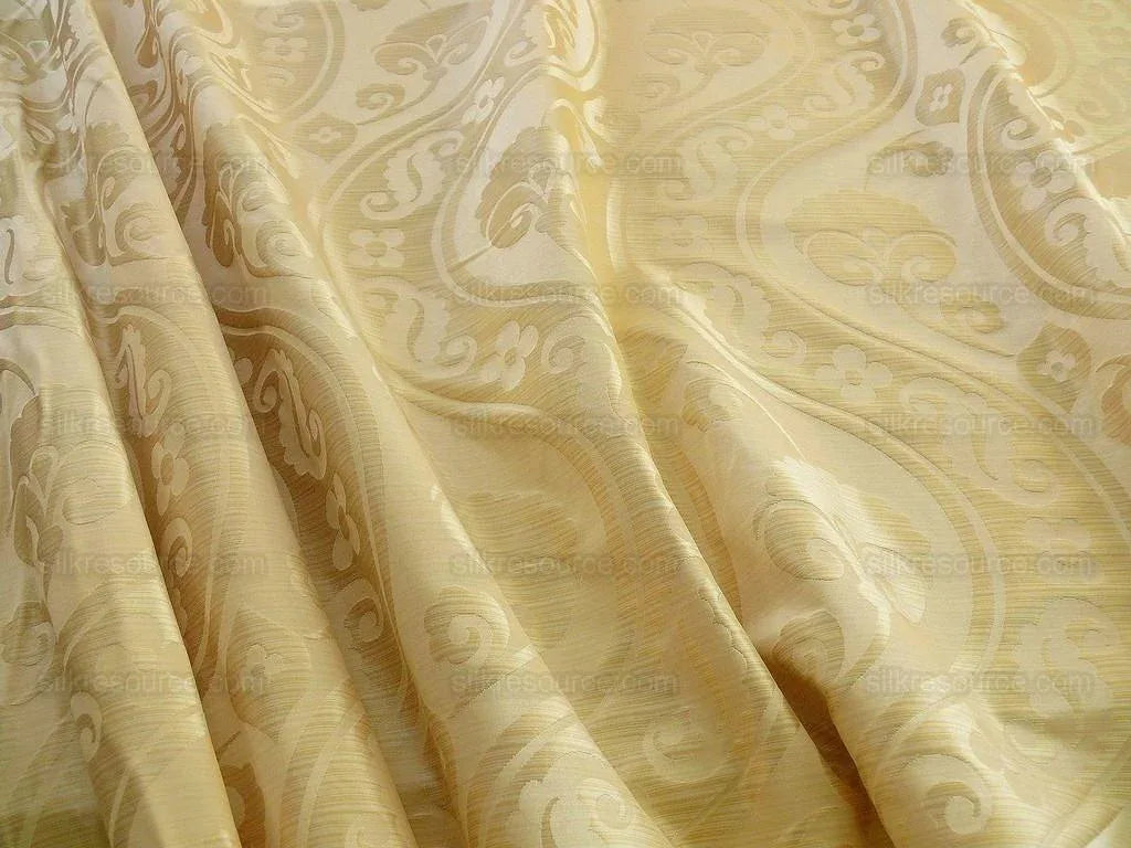 100% Silk Damask Peony River - White Gold Ecru Cream