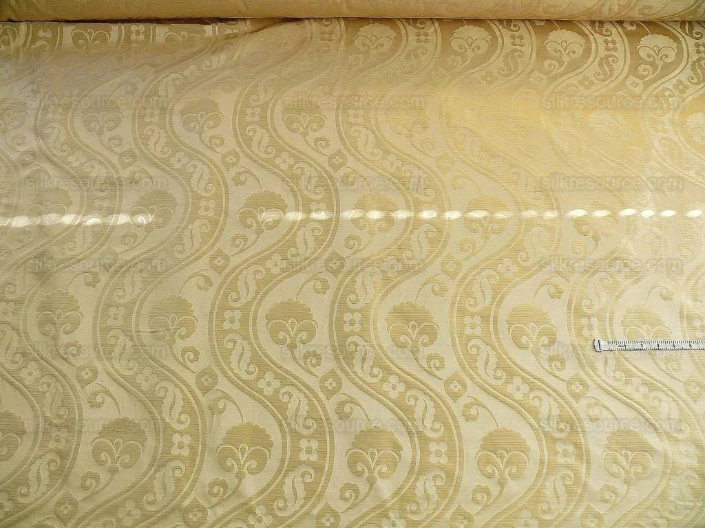 100% Silk Damask Peony River - White Gold Ecru Cream