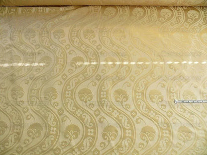 100% Silk Damask Peony River - White Gold Ecru Cream