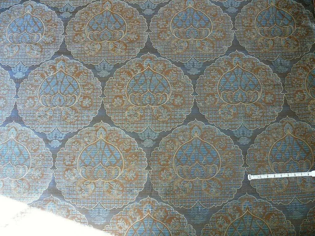 by yard 100% Silk Lampas Aged Metal Large Medallion "azure" Blue Brown MSRP USD 328/yard