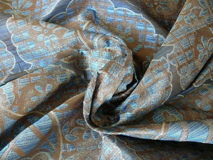 by yard 100% Silk Lampas Aged Metal Large Medallion "azure" Blue Brown MSRP USD 328/yard