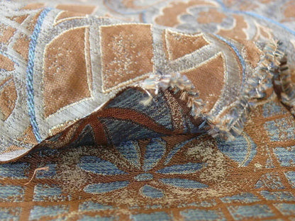 by yard 100% Silk Lampas Aged Metal Large Medallion "azure" Blue Brown MSRP USD 328/yard
