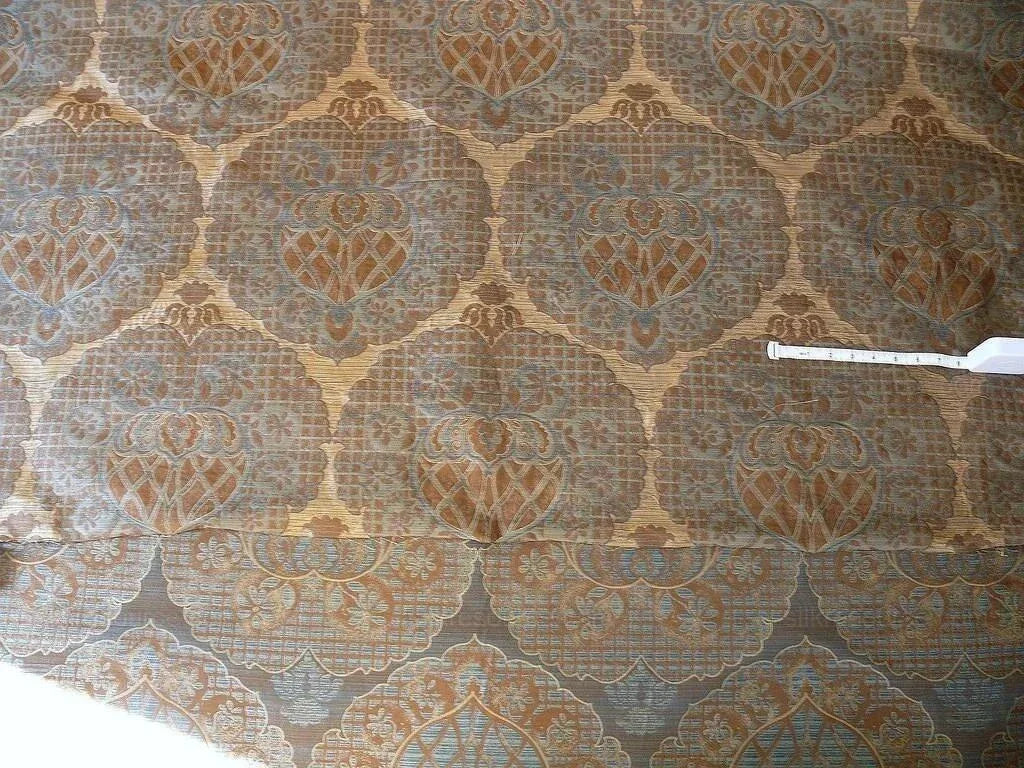 by yard 100% Silk Lampas Aged Metal Large Medallion "azure" Blue Brown MSRP USD 328/yard