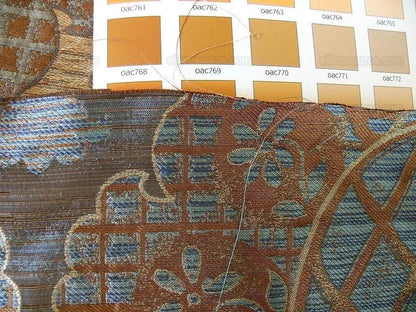 by yard 100% Silk Lampas Aged Metal Large Medallion "azure" Blue Brown MSRP USD 328/yard
