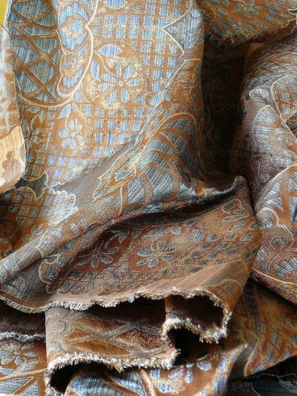 by yard 100% Silk Lampas Aged Metal Large Medallion "azure" Blue Brown MSRP USD 328/yard