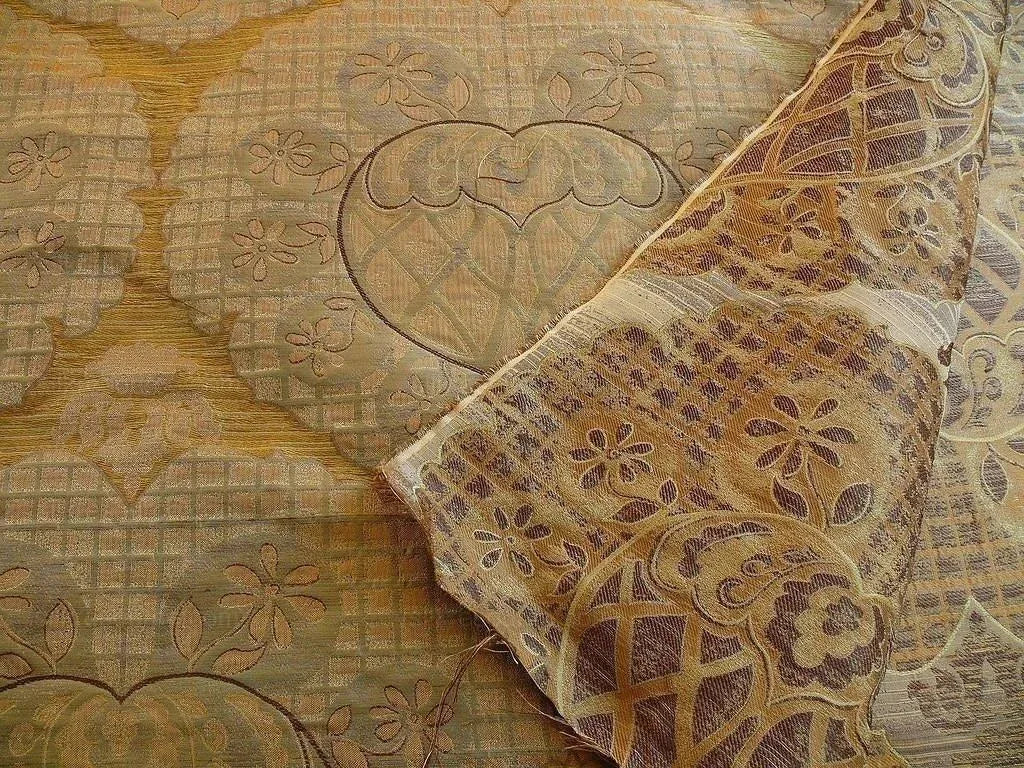 by yard 100% Silk Lampas Aged Metal Large Medallion "cocoa" Brown MSRP USD 328/yard