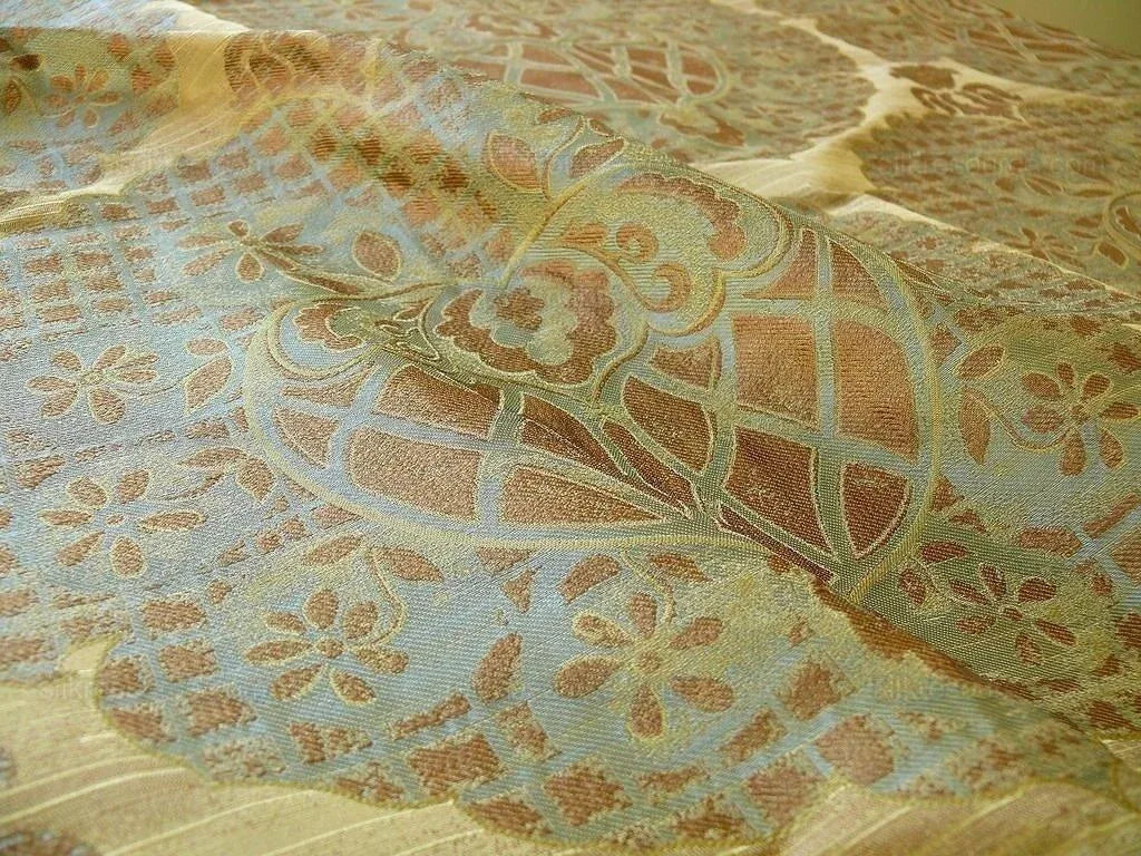 by yard 100% Silk Lampas Aged Metal Large Medallion "celadon" Tan MSRP USD 328/yard