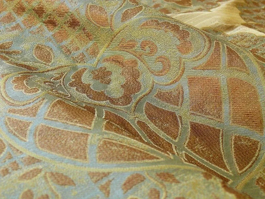 by yard 100% Silk Lampas Aged Metal Large Medallion "celadon" Tan MSRP USD 328/yard