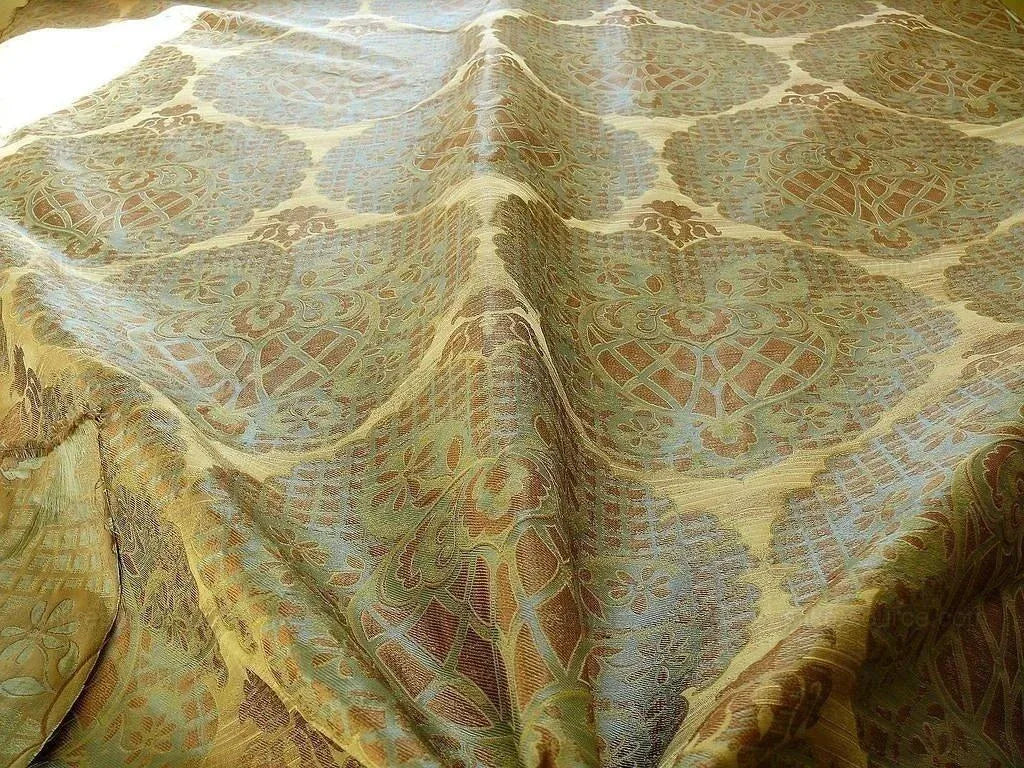 by yard 100% Silk Lampas Aged Metal Large Medallion "celadon" Tan MSRP USD 328/yard