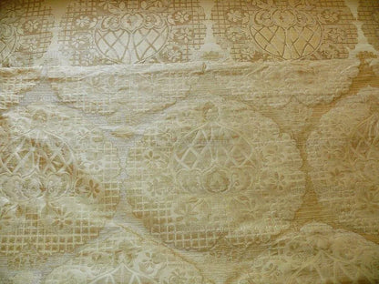 100% Silk Lampas Aged Metal Large Medallion "Ecru" Cream White Taupe Tan MSRP USD 328/yard