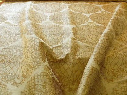 100% Silk Lampas Aged Metal Large Medallion "Ecru" Cream White Taupe Tan MSRP USD 328/yard