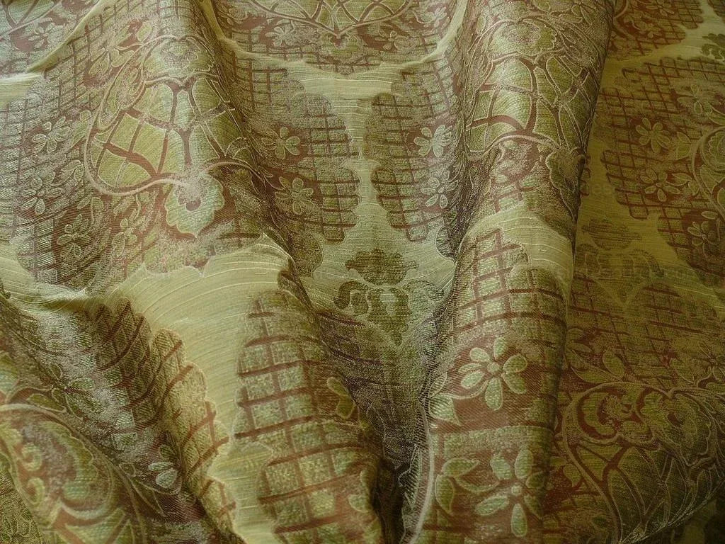 100% Silk Lampas Aged Metal Large Medallion "lime" Green Brown Khaki MSRP USD 328/yard