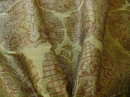 100% Silk Lampas Aged Metal Large Medallion "lime" Green Brown Khaki MSRP USD 328/yard
