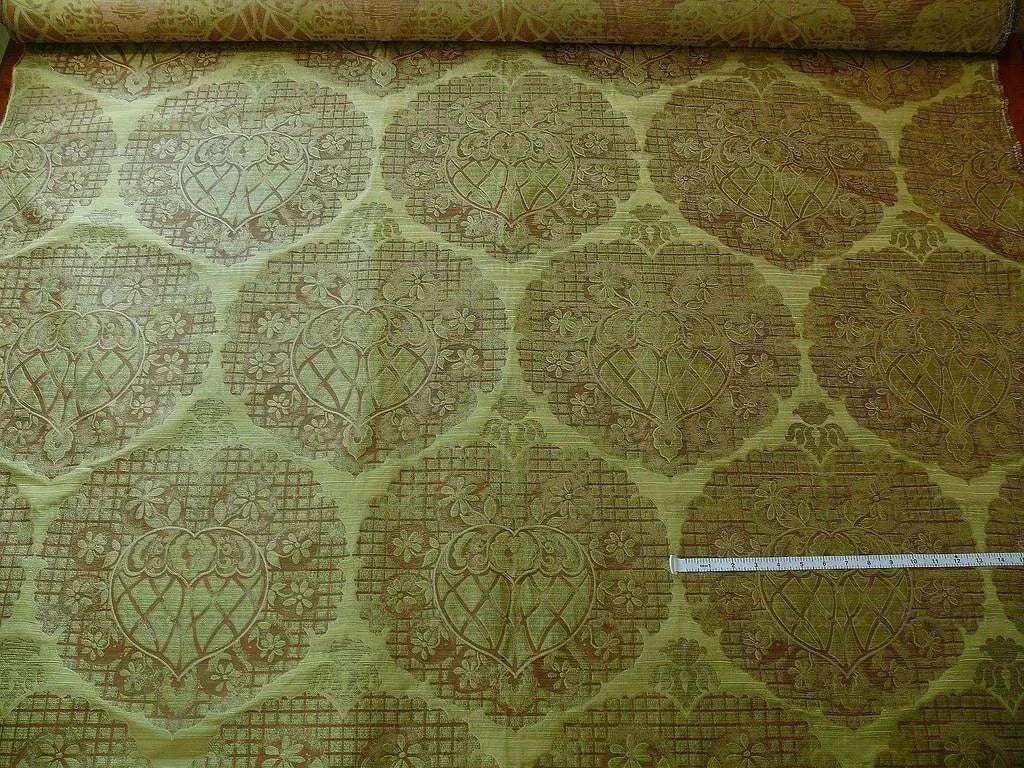 100% Silk Lampas Aged Metal Large Medallion "lime" Green Brown Khaki MSRP USD 328/yard