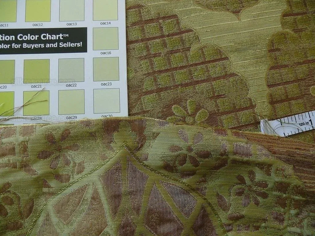 100% Silk Lampas Aged Metal Large Medallion "lime" Green Brown Khaki MSRP USD 328/yard