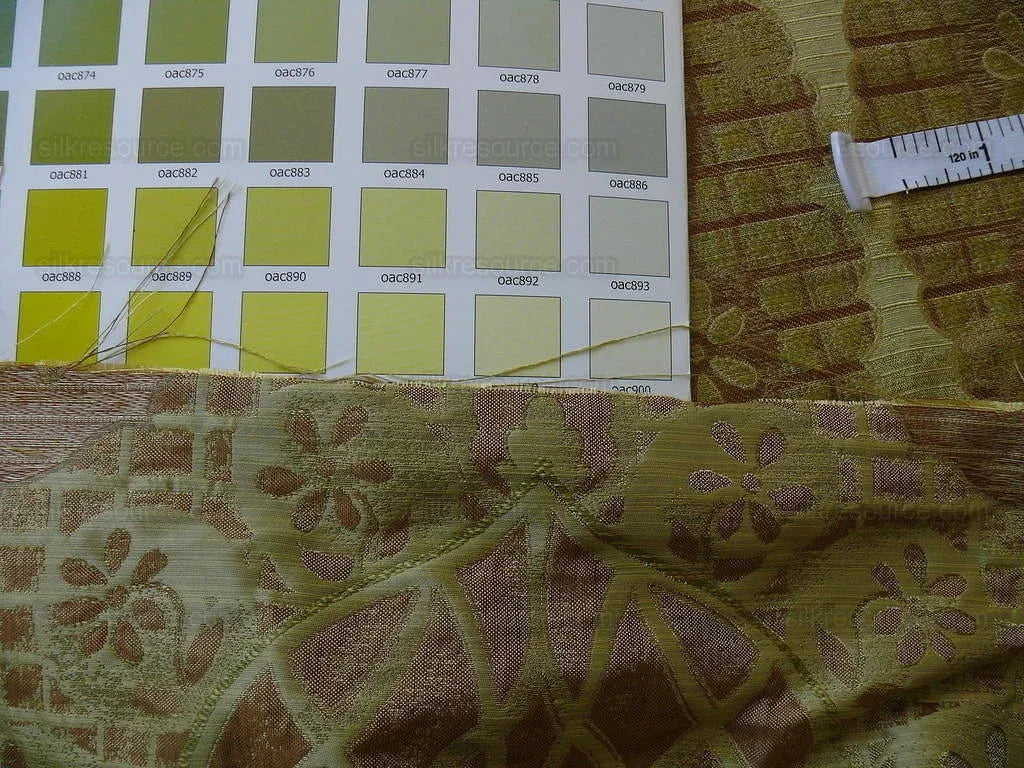 100% Silk Lampas Aged Metal Large Medallion "lime" Green Brown Khaki MSRP USD 328/yard