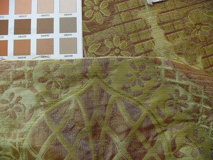 100% Silk Lampas Aged Metal Large Medallion "lime" Green Brown Khaki MSRP USD 328/yard