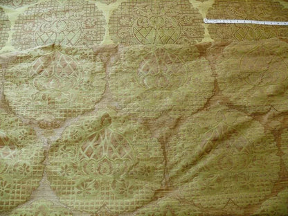 100% Silk Lampas Aged Metal Large Medallion "lime" Green Brown Khaki MSRP USD 328/yard