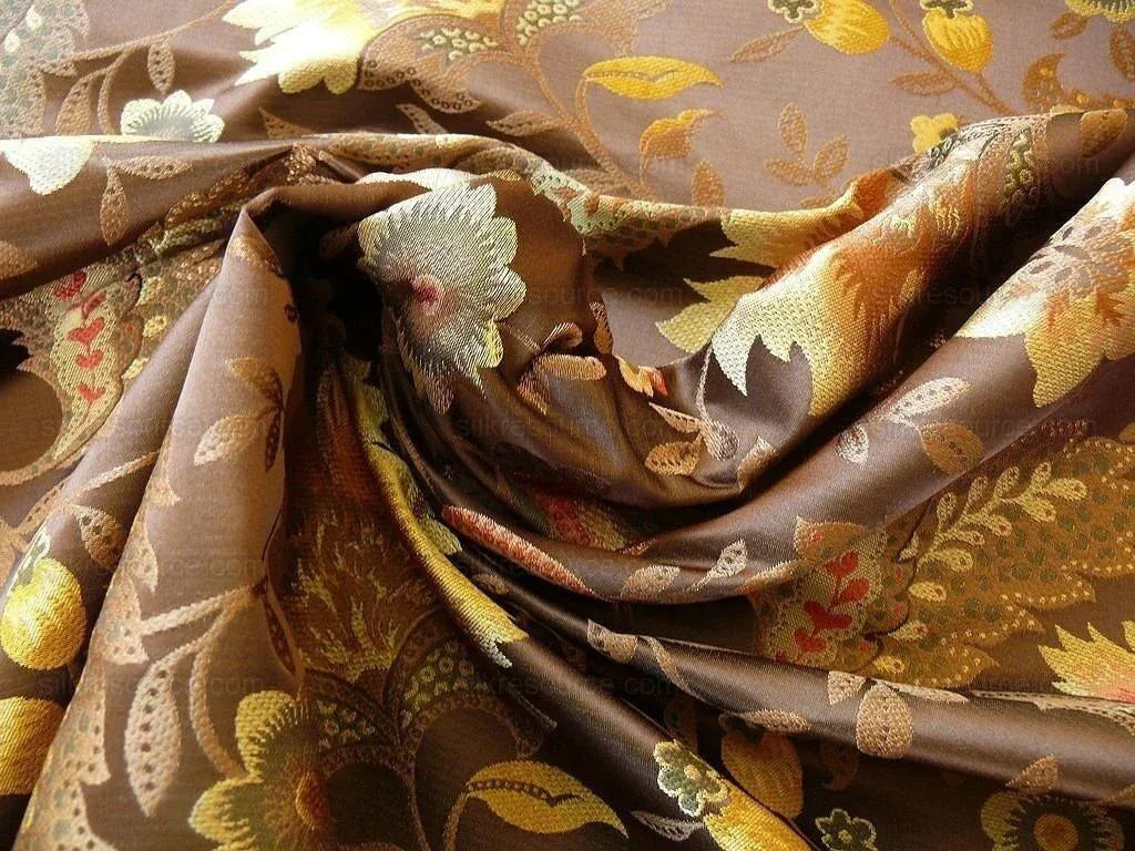 By yard 100% Silk Lampas Spring Garland "chocolate" Brown