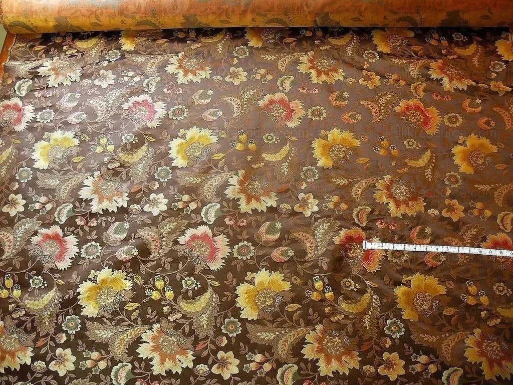 By yard 100% Silk Lampas Spring Garland "chocolate" Brown