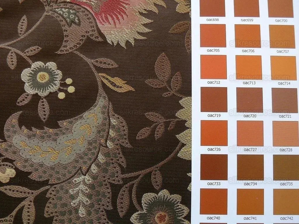 By yard 100% Silk Lampas Spring Garland "chocolate" Brown