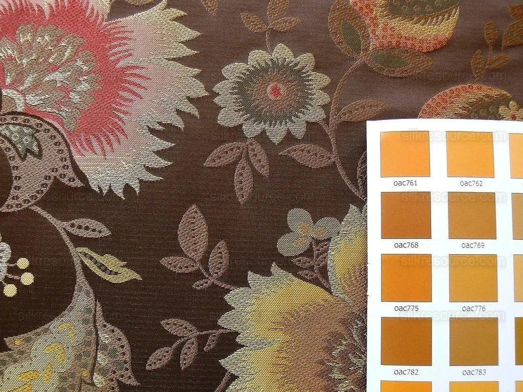 By yard 100% Silk Lampas Spring Garland "chocolate" Brown