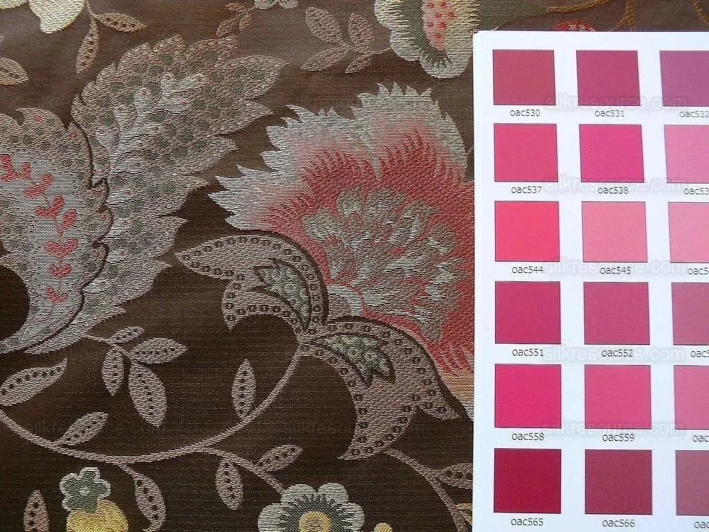 By yard 100% Silk Lampas Spring Garland "chocolate" Brown