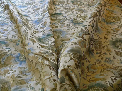 By yard 100% Silk Lampas Spring Garland "spa" Gold Blue Green