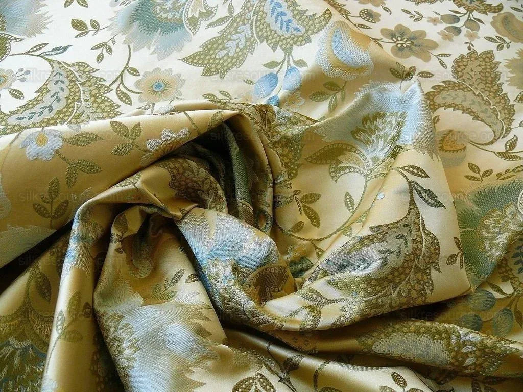 By yard 100% Silk Lampas Spring Garland "spa" Gold Blue Green