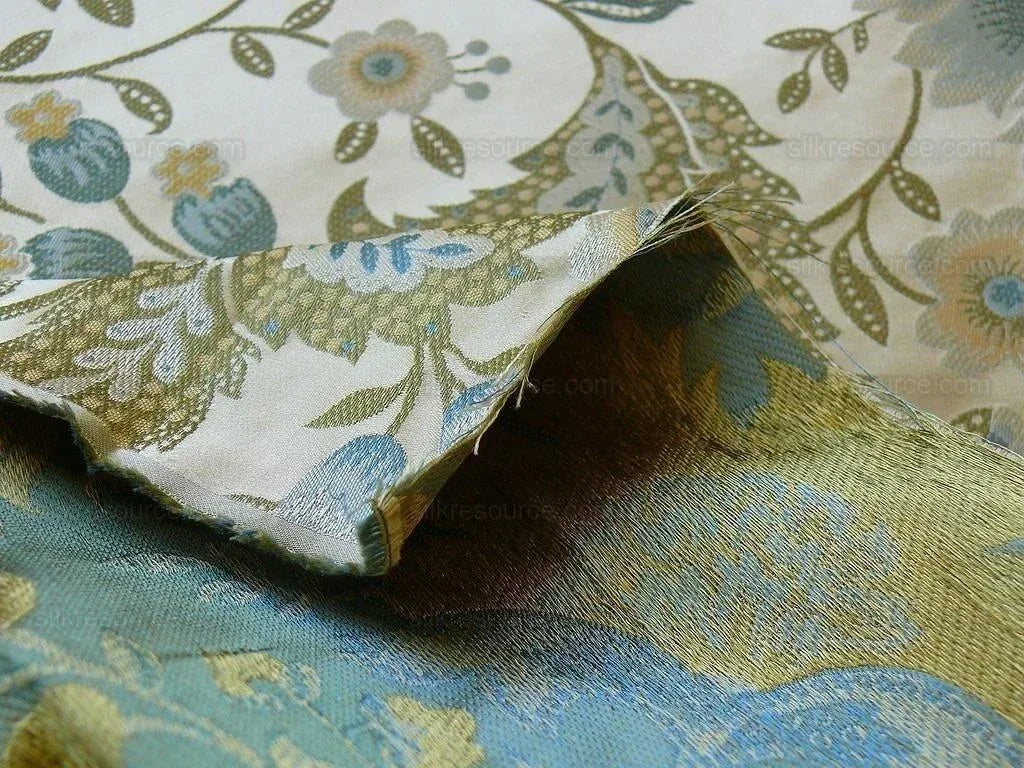 By yard 100% Silk Lampas Spring Garland "spa" Gold Blue Green