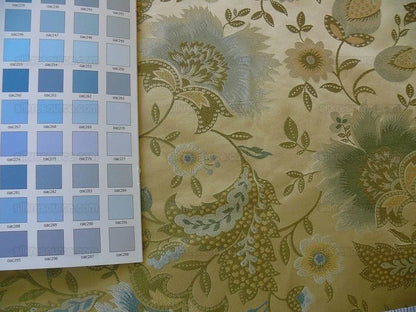 By yard 100% Silk Lampas Spring Garland "spa" Gold Blue Green