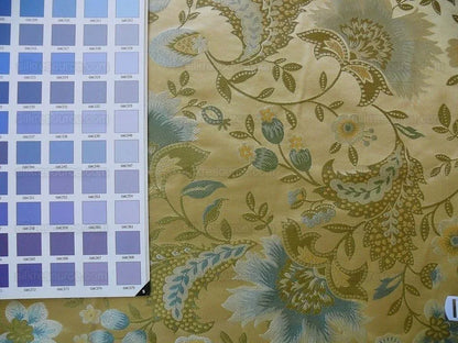 By yard 100% Silk Lampas Spring Garland "spa" Gold Blue Green