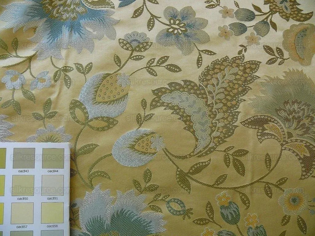 By yard 100% Silk Lampas Spring Garland "spa" Gold Blue Green