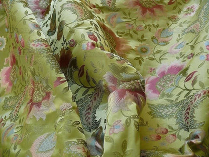 BY Yard 100% Silk Lampas Spring Garland "spring" Green Pink Bright Blue