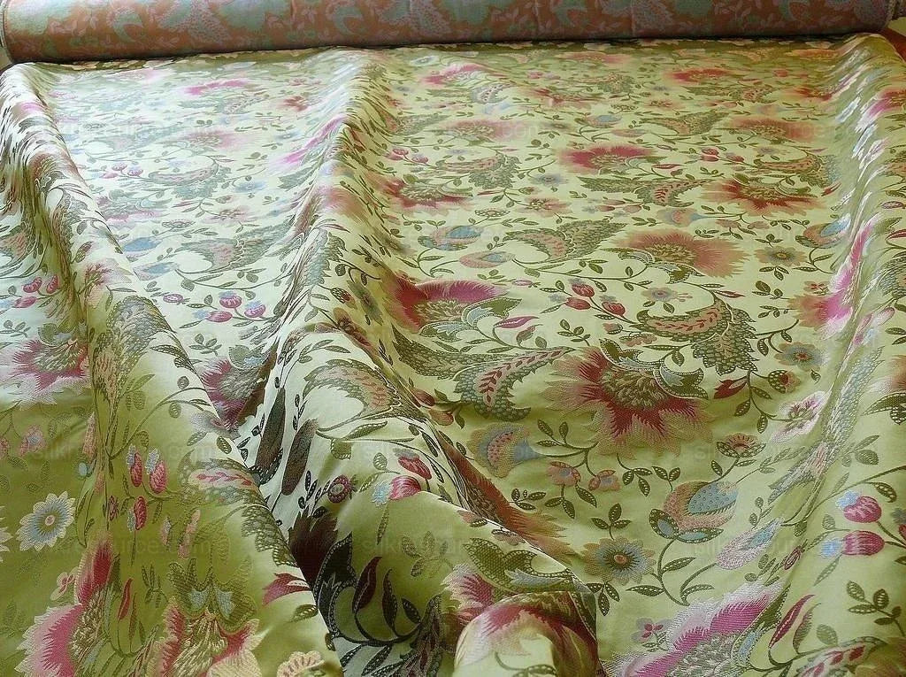 BY Yard 100% Silk Lampas Spring Garland "spring" Green Pink Bright Blue