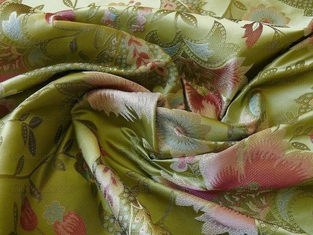 BY Yard 100% Silk Lampas Spring Garland "spring" Green Pink Bright Blue