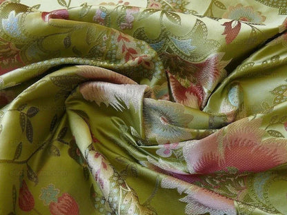 BY Yard 100% Silk Lampas Spring Garland "spring" Green Pink Bright Blue
