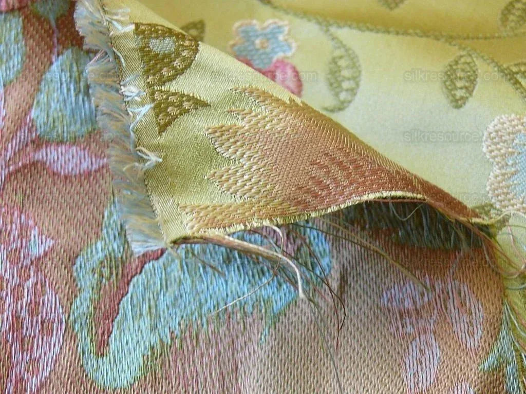 BY Yard 100% Silk Lampas Spring Garland "spring" Green Pink Bright Blue